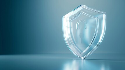 A clear shield icon represents security, protection, and safety in a modern digital world with a sleek gradient background.