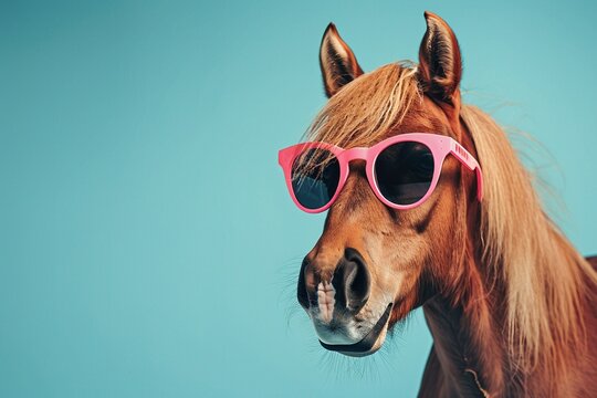 Portr&auml;t von einem braunem Pferd mit pinker Sonnenbrille