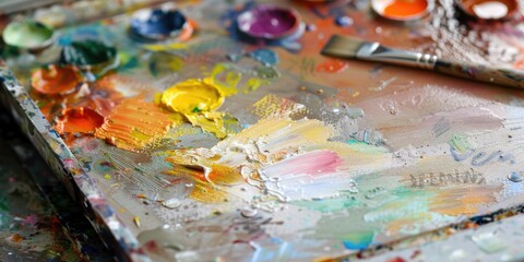 Close up watercolor painting process Mixing paints on the palette