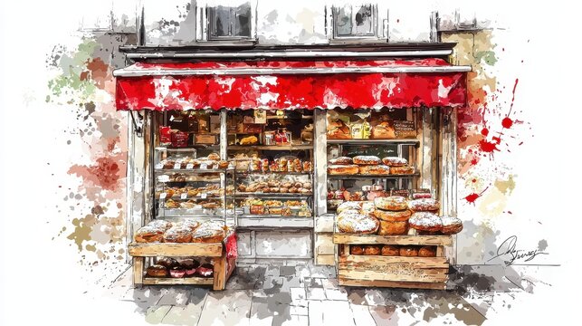 Watercolor illustration of a bakery with fresh bread and pastries.