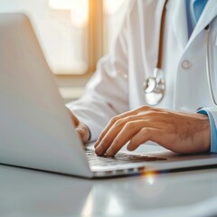 A doctor typing on a laptop in a bright office, symbolizing telemedicine and modern healthcare solutions.