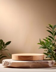 A mockup of an empty podium with a light brown wooden top and stone base, beige wall in the background.