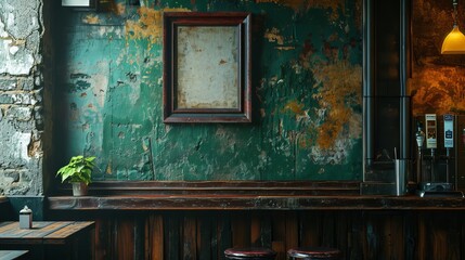A blank picture frame hanging on the old textured wooden wall in a cosy old english or irish pub