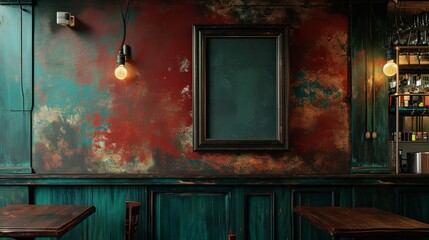 A blank picture frame hanging on the old textured wooden wall in a cosy old english or irish pub