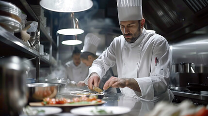 Chef cooks and presents a dish in the kitchen of a luxury restaurant