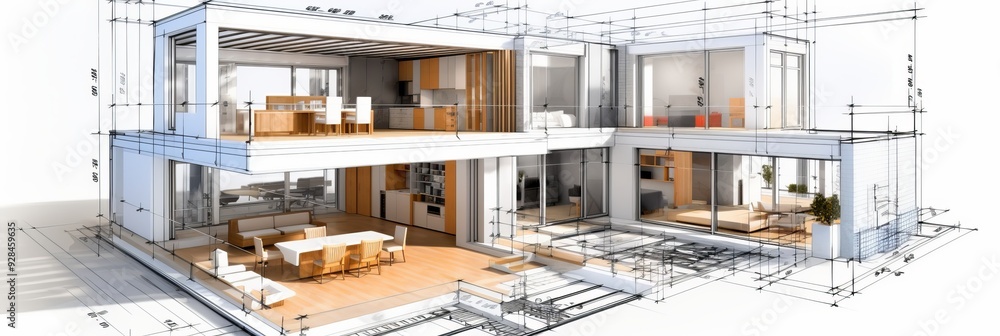 Poster vision of architecture of a 3d model house project with blueprint
