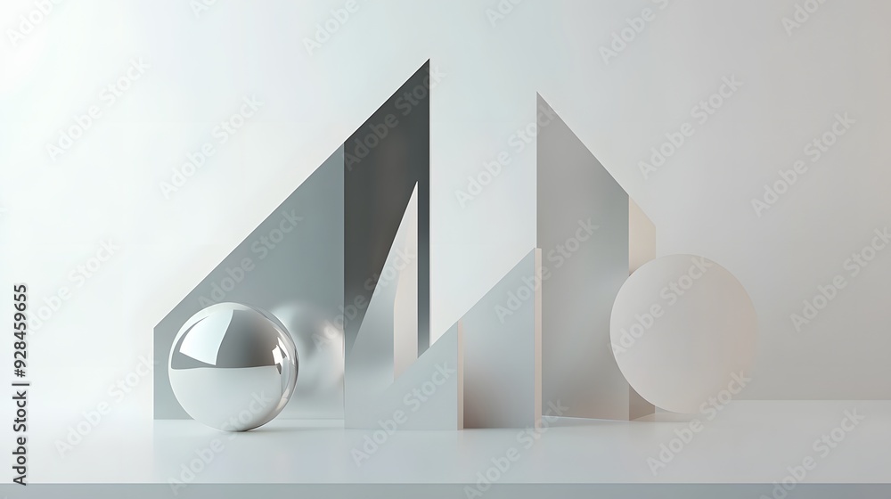 Poster 39. geometric shapes with subtle reflections arranged in a sophisticated 3d composition against a cl