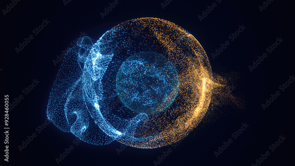 Poster abstract colored bright glowing background with a sphere core atom energy burning ball circle made o