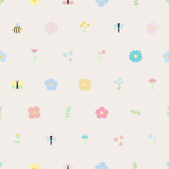 Vector seamless pattern with bees, flowers, dragonflies, butterflies. For birthday or party invitation, baby shower, fabric, textile and linen, print clothes and pajamas, gift and wrapping paper.