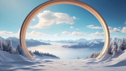 A winter landscape framed by a geometric circle. glimpse of the sky. backdrop of a 3D render.