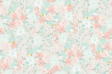 Cute feminine seamless watercolor pattern with little tiny wildflowers, hand drawn, not AI