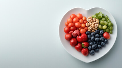 A heart-shaped plate filled with a colorful variety of fresh fruits, vegetables, and nuts, symbolizing health, love, and the importance of balanced nutrition on World Food Day.