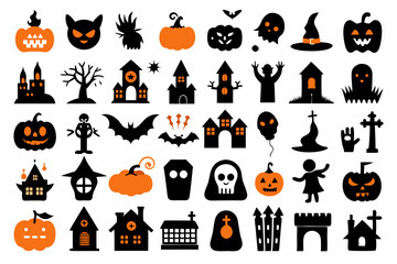 A set of Halloween silhouette elements on a white background. Set of icons for celebration. Vector illustration