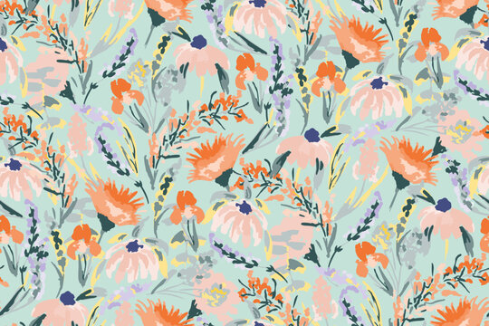 Cute feminine watercolor seamless pattern with wildflowers.hand drawn, not AI