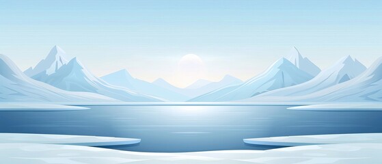 A serene winter landscape showcasing snowy mountains and a calm icy lake under a soft blue sky, perfect for seasonal designs.