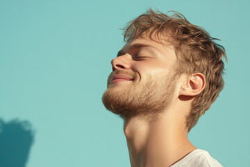 Obraz premium A close up of a man's face with his eyes closed