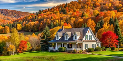 Cozy traditional Canadian home surrounded by vibrant fall foliage and rolling hills in the picturesque Eastern Townships of Quebec, Canada on a crisp autumn day.