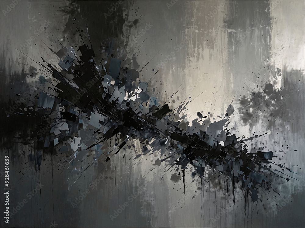 Poster a monochromatic abstract piece that plays with light and shadow, using varying shades of gray to cre