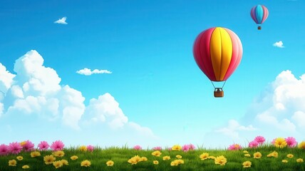 Fototapeta premium Colorful hot air balloons float gracefully over a vibrant flower field under a clear blue sky.