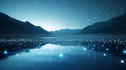 Fototapeta premium A tranquil night scene featuring a shimmering lake under a starry sky, reflecting the serene beauty of nature.