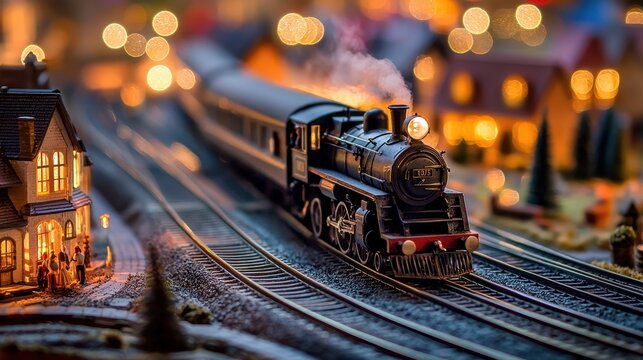 Miniature Steam Train Model in a Christmas Village.
