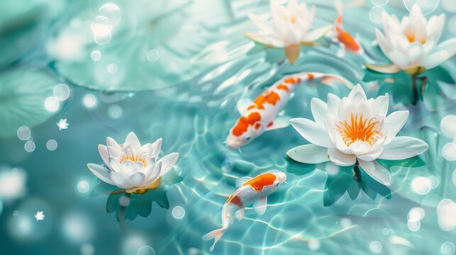 A tranquil scene of koi fish swimming among white lotus flowers in serene water, creating a peaceful aquatic atmosphere.