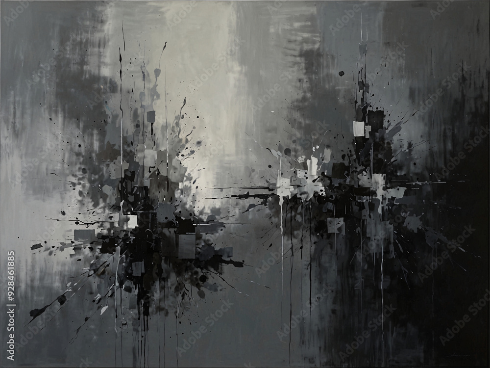 Poster a monochromatic abstract piece that plays with light and shadow, using varying shades of gray to cre