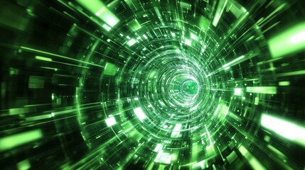 Fototapeta premium Vibrant green time tunnel with light painting effects, abstract technological background for innovation and futuristic concepts.