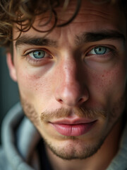 Fototapeta premium A young man is captured in a close-up shot, with an intense look on his partially visible face, emphasizing keen concentration and contemplation, likely absorbed in a thought-provoking activity or sit