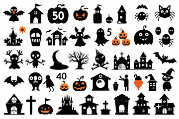 A set of Halloween silhouette elements on a white background. Set of icons for celebration. Vector illustration