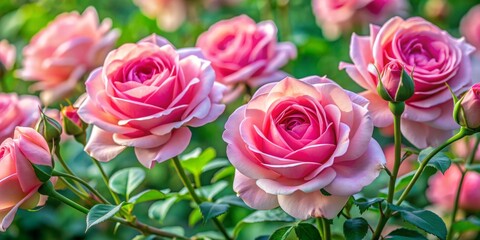 Obraz premium Delicate, velvety pink hybrid tea rose Aphrodite flowers bloom in a lush garden setting, perfect for romantic postcards, elegant invitations, and beautiful decorations.