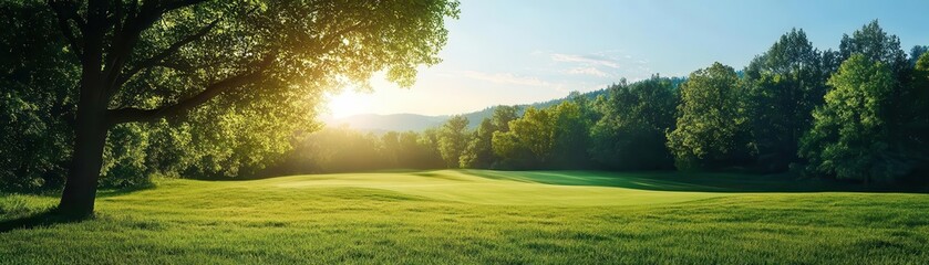 Fototapeta premium A serene landscape featuring lush greenery, trees, and a glowing sun illuminating the peaceful meadow.