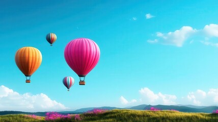 Fototapeta premium A vibrant scene of colorful hot air balloons soaring across a clear blue sky, perfect for travel and adventure themes.
