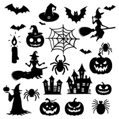 Spooky Halloween Silhouette Set with Pumpkins, Ghosts, and Bats for Festive Decor | Flat Vector Illustration