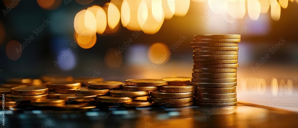Aufkleber a stack of gold coins on a reflective surface with warm, bokeh lights in the background representing