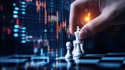 Hand placing a pawn on a chessboard made of stock market graphs, [market strategy], [decision-making in volatile stock markets]