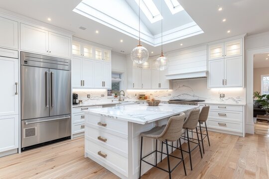 English country house white kitchen with island, stainless steel refrigerator, skylight, and marble countertop.