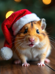 This image features an adorable hamster wearing a Santa hat, spreading festive cheer with its cute and charming expression, embodying the joy and magic of the Christmas holiday season.