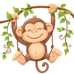 Cute cartoon monkey joyfully hanging from a tree branch with lush green leaves all around, ideal for kids' drawings and fun designs