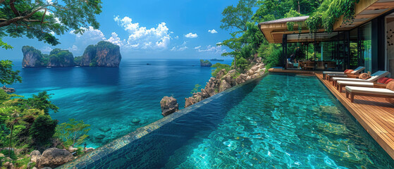 Obraz premium A breathtaking view of an upscale villa with an infinity pool overlooking the tranquil sea and tropical cliffs