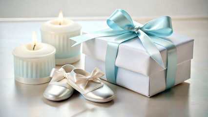 Beautifully Wrapped White Gift Box with Light Blue Ribbon and Silver Cross, Baby Shoes, and White Candle on Soft Light Background