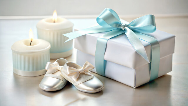 Beautifully Wrapped White Gift Box with Light Blue Ribbon and Silver Cross, Baby Shoes, and White Candle on Soft Light Background
