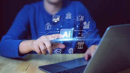 Technology Ai with Businessman or Analyst working in Business Analytics and Data Management System on virtual screen.sales, marketing, assistant, secretary.Corporate strategy for finance, operations.