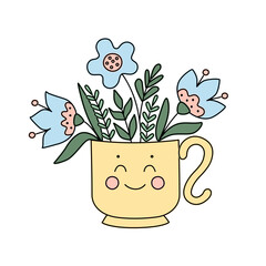 Cute childish bouquet of flowers in yellow mug. Kawaii with cute face. Simple vector illustration for icons and stickers