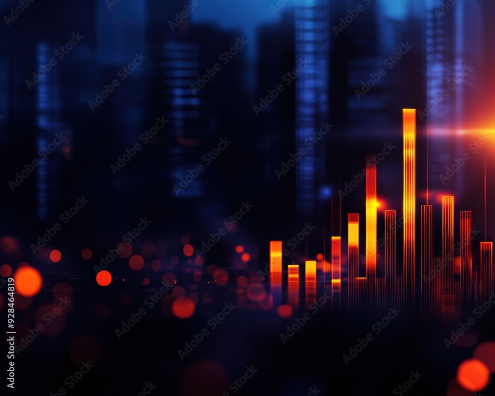 Poster abstract digital financial chart with glowing cityscape in the background, representing data analysi