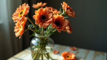A captivating arrangement of orange daisies displayed in a clear glass jar sitting in soft light creating delicate shadows. The simplicity and bright blossoms convey warmth and cheer.