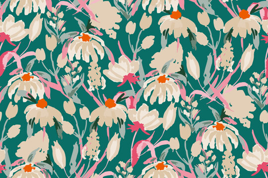 Cute feminine watercolor seamless pattern with wildflowers.hand drawn, not AI