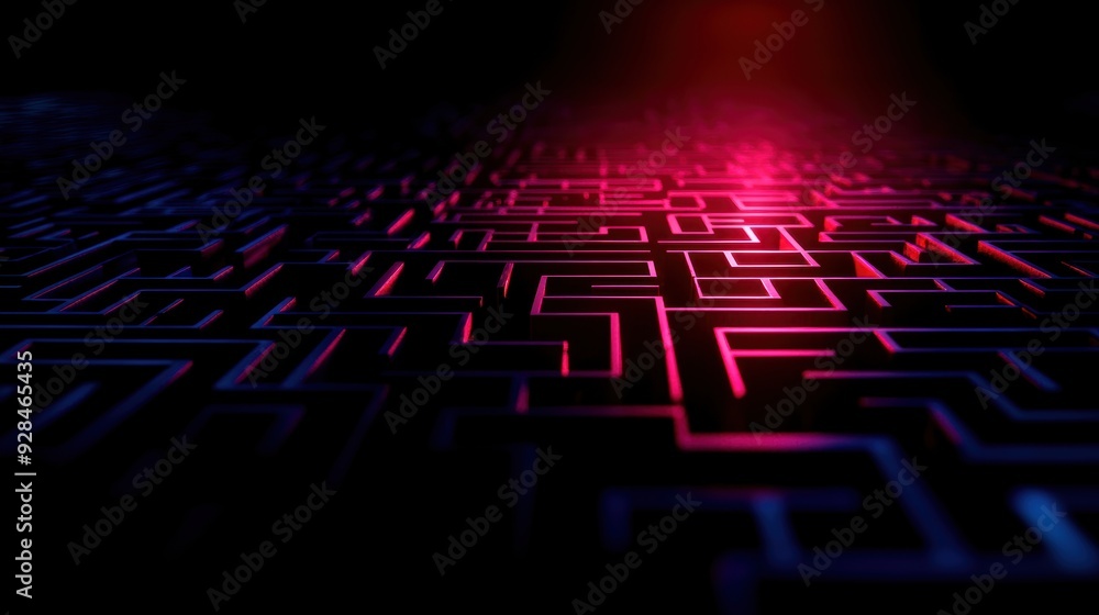 Poster abstract futuristic neon maze with red and blue glowing lights, representing technology and complexi
