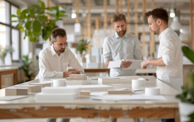 Three professionals collaborate on a project, discussing designs and materials in a modern office with natural light and greenery.