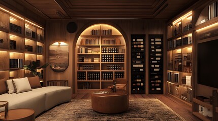 A cozy living room with a large, arched bookshelf filled with books and wine bottles. The room is decorated in a warm, rustic style with wooden floors and a plush sofa. 